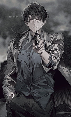 Monochrome Anime Male Character Holding Pistol in Rainy Atmosphere HD phone wallpaper