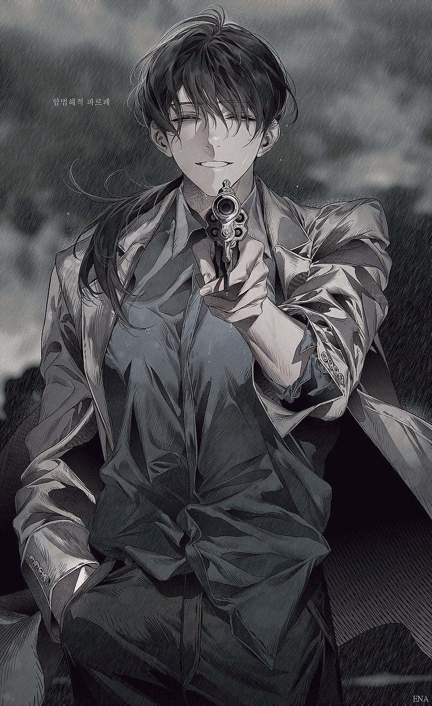 Monochrome Anime Male Character Holding Pistol in Rainy Atmosphere HD phone wallpaper