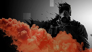 Rainbow Six Siege Operator in Gas Mask with Orange Smoke and Dark Splatter Art HD wallpaper