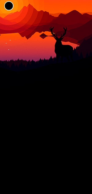Silhouette of a Stag Deer Against a Vibrant Orange Sunset Mountain Landscape HD phone wallpaper