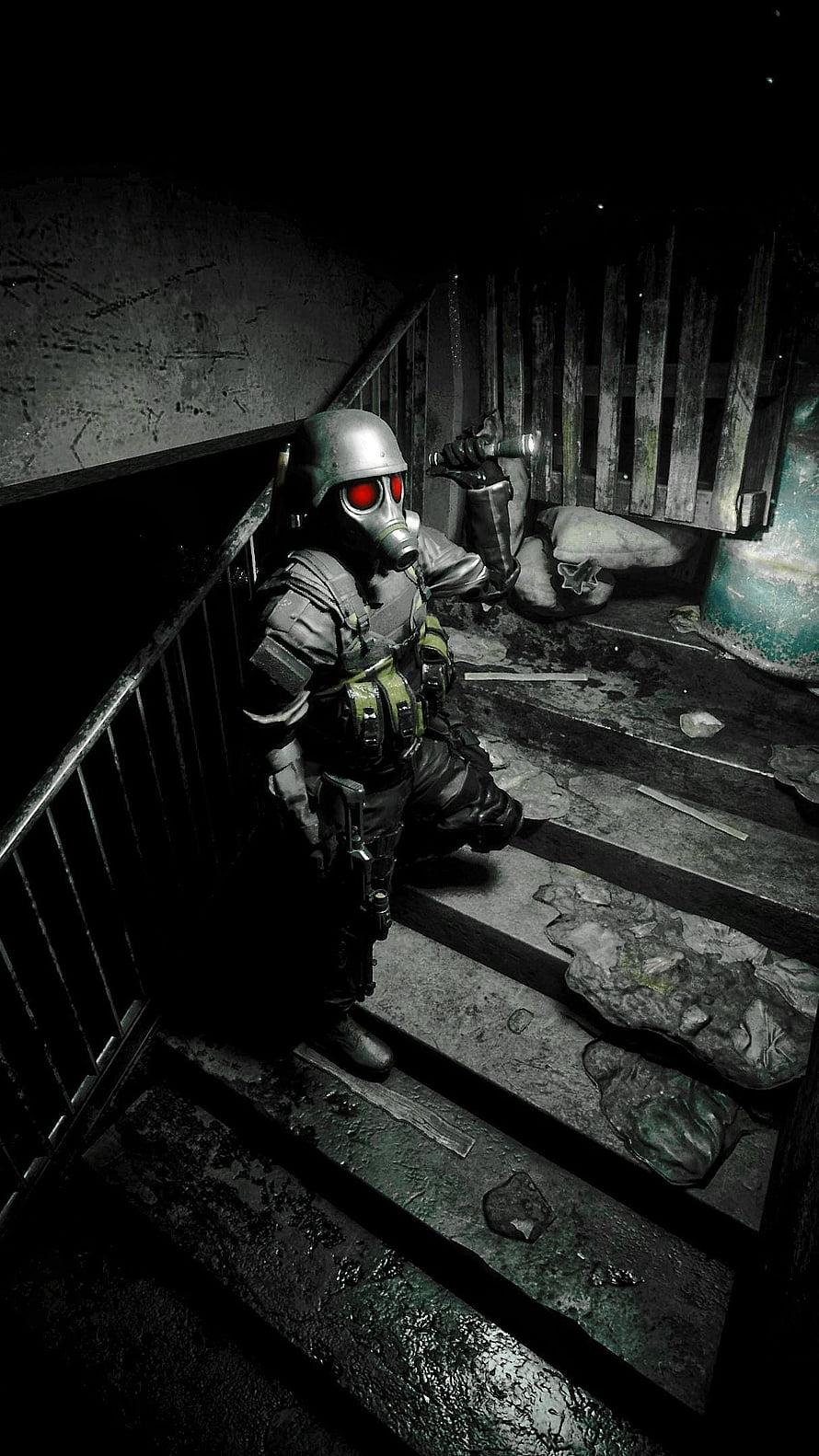 Hunk from Resident Evil in tactical gear with gas mask and red glowing eyes in a dark industrial setting HD phone wallpaper