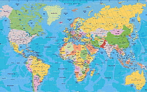 Detailed Political World Map with Country Borders and Ocean Labels HD wallpaper
