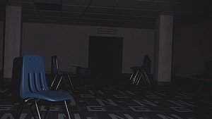 Dark liminal space with blue chairs and patterned carpet in an empty waiting room HD wallpaper