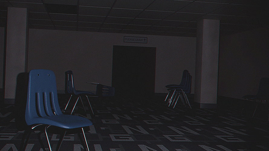 Dark liminal space with blue chairs and patterned carpet in an empty waiting room HD wallpaper