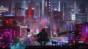 Cyberpunk Tokyo Rooftop Scene With Hooded Figure And Cat Silhouette HD wallpaper