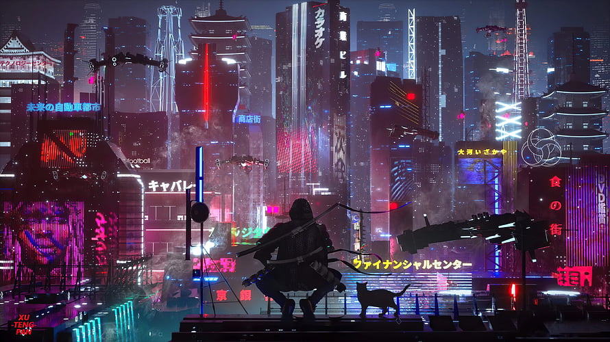 Cyberpunk Tokyo Rooftop Scene With Hooded Figure And Cat Silhouette HD wallpaper