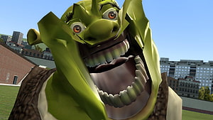 Shrek 3D Render Close-Up With Open Mouth In Urban Cityscape HD wallpaper