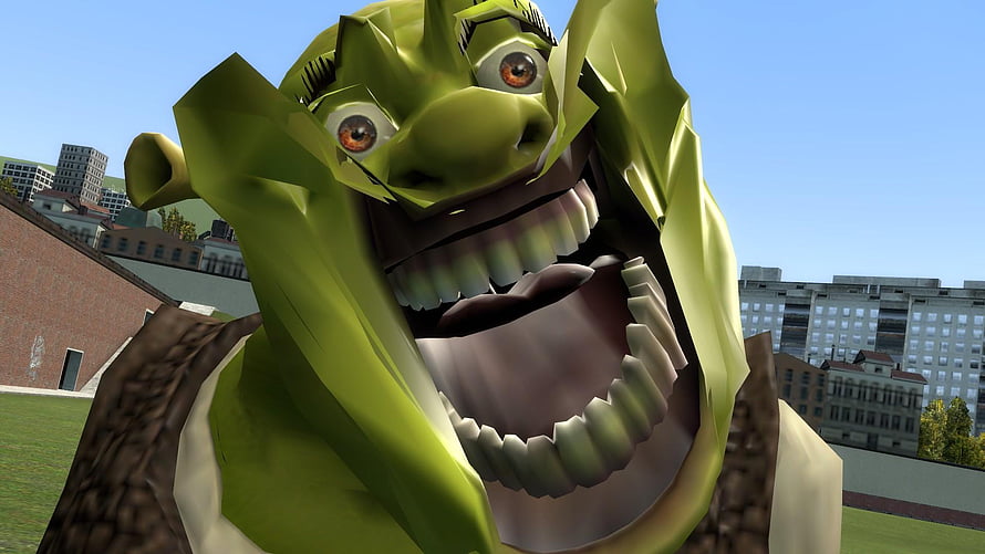 Shrek 3D Render Close-Up With Open Mouth In Urban Cityscape HD wallpaper