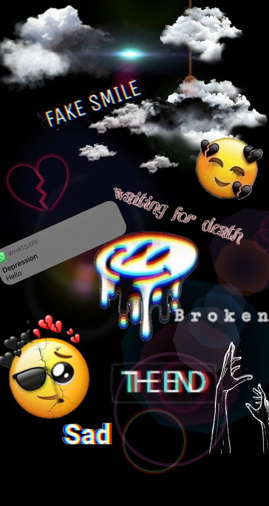 Sad Aesthetic Wallpaper With Broken Heart, Crying Emojis, And Dark Clouds HD phone wallpaper