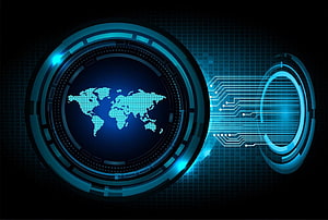 Futuristic Blue Holographic World Map with Circuit Board Technology Design HD wallpaper