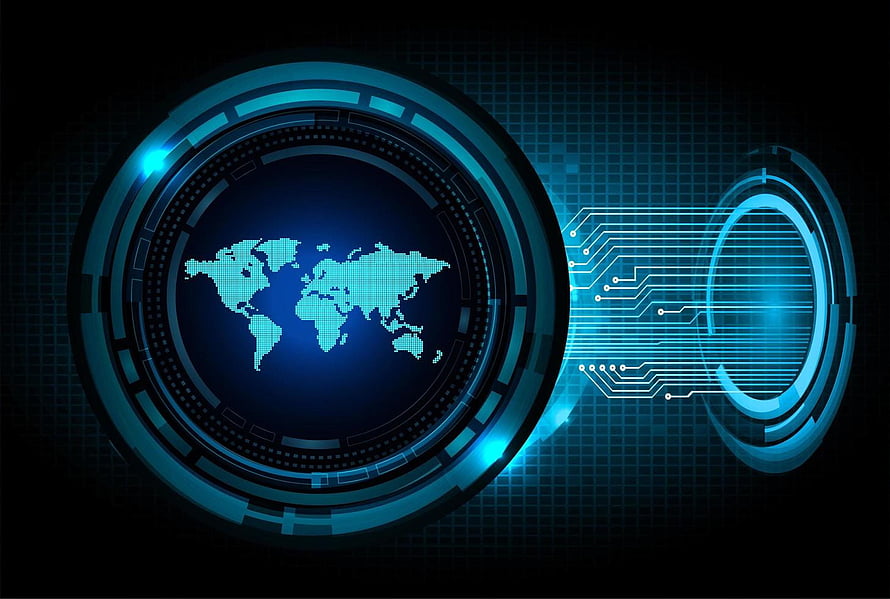 Futuristic Blue Holographic World Map with Circuit Board Technology Design HD wallpaper
