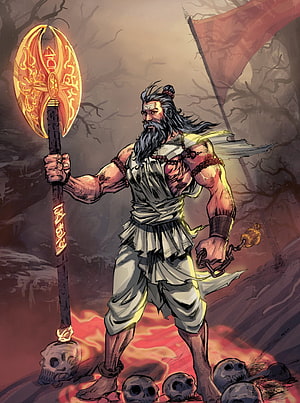 Mighty Warrior with Glowing Axe Standing on Skulls in Dark Fantasy Art HD phone wallpaper