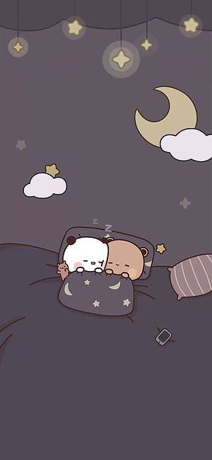 Cute cartoon panda and bear sleeping together in bed under a starry night sky with moon and clouds HD phone wallpaper