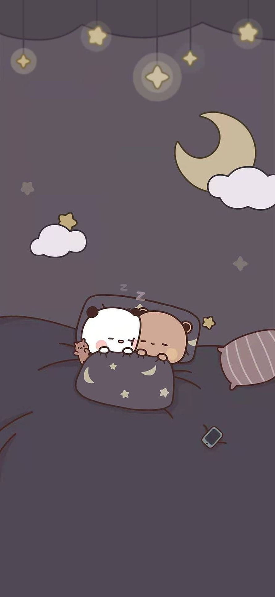 Cute cartoon panda and bear sleeping together in bed under a starry night sky with moon and clouds HD phone wallpaper