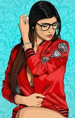 Illustration of a woman with glasses wearing a red varsity jacket against a teal patterned background, mia khalifa by Hi5Friend, #mia khalifa HD phone wallpaper