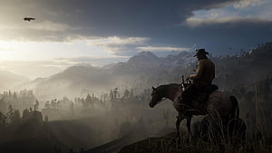 Red Dead Redemption 2 cowboy on horse overlooking misty mountain valley at dawn HD wallpaper