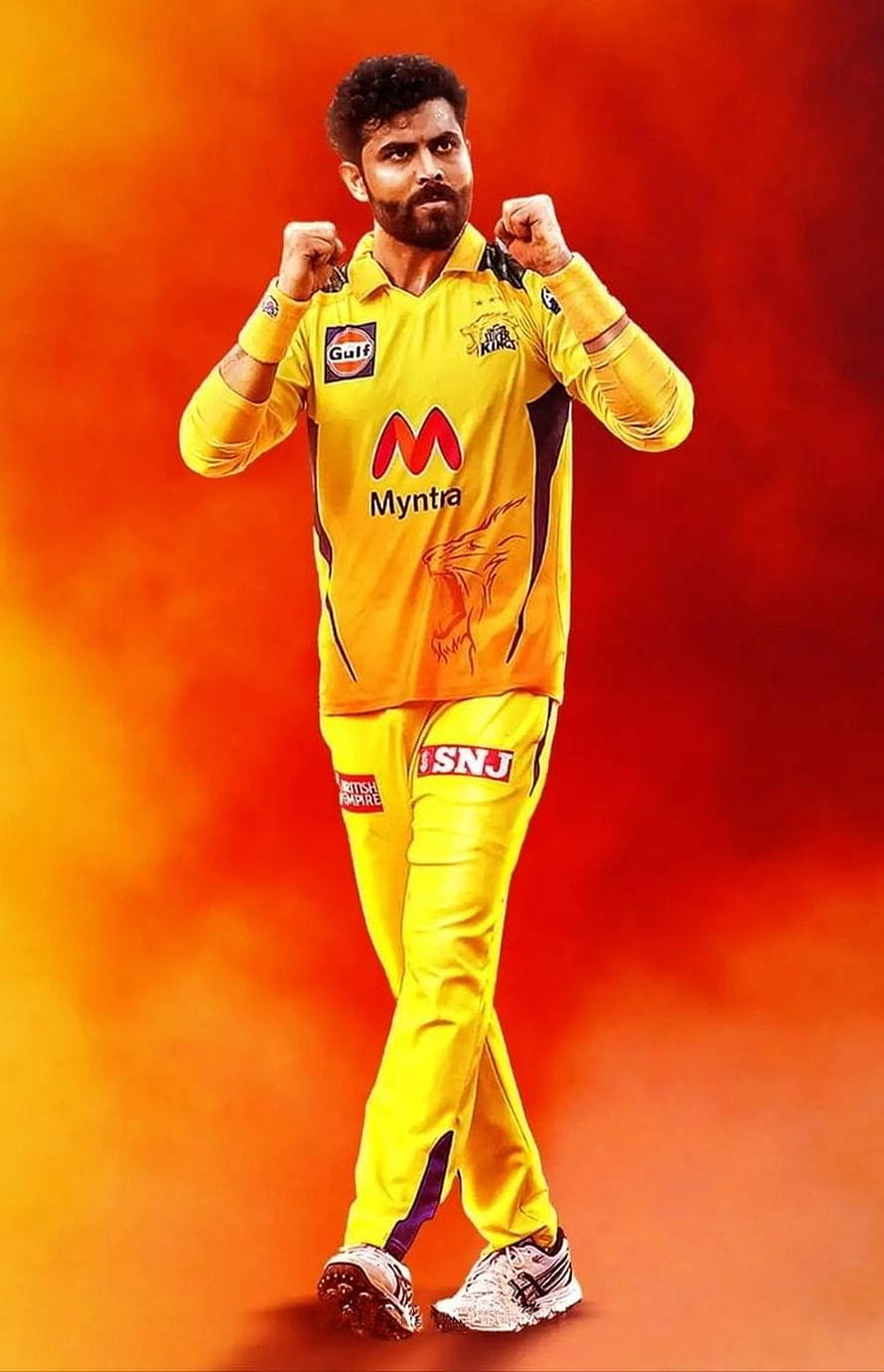 Ravindra Jadeja in Chennai Super Kings Yellow Jersey with Myntra and Gulf Sponsors HD phone wallpaper