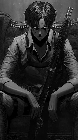 Levi Ackerman Sitting With Rifle In Dark Monochrome Anime Style, Anime Attack On Titan Levi Ackerman, levi HD phone wallpaper