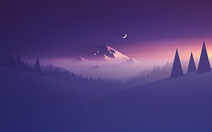 Purple Mountain Landscape With Crescent Moon And Pine Trees HD wallpaper