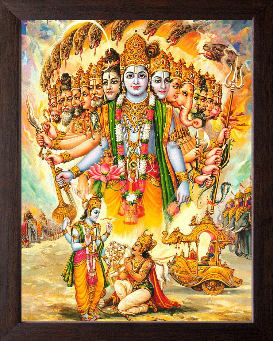 Hindu Deity with Multiple Faces and Arms Holding Sacred Symbols in Traditional Indian Art HD phone wallpaper