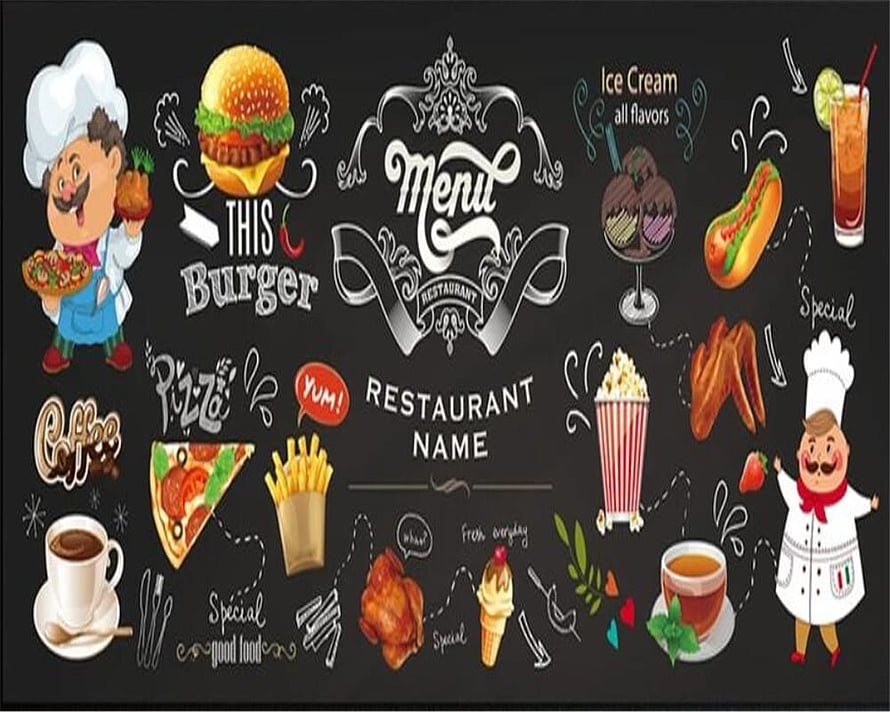 Chalkboard Restaurant Menu Design With Cartoon Chefs And Fast Food Illustrations HD wallpaper