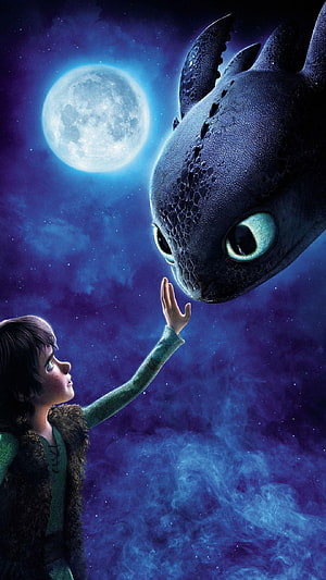 Hiccup and Toothless Reaching Out Under a Glowing Full Moon in a Starry Night Sky HD phone wallpaper