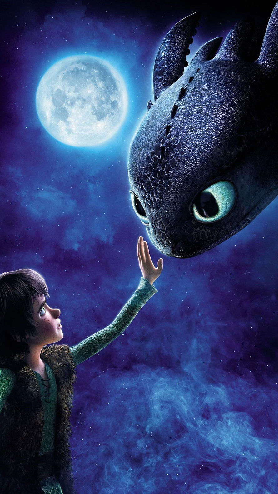 Hiccup and Toothless Reaching Out Under a Glowing Full Moon in a Starry Night Sky HD phone wallpaper