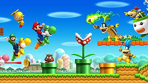 New Super Mario Bros. Wii Characters and Enemies in Vibrant Side-Scrolling Level HD wallpaper