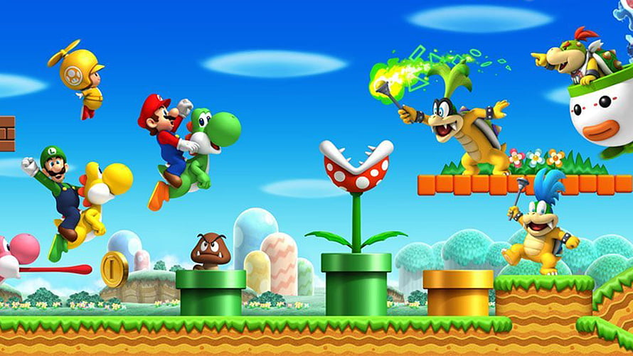 New Super Mario Bros. Wii Characters and Enemies in Vibrant Side-Scrolling Level HD wallpaper