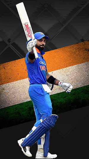 Virat Kohli in Indian Cricket Kit Holding Bat Against National Flag Background HD phone wallpaper