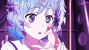 Sad Boys anime girl with blue hair holding a white cat in purple neon lighting HD wallpaper