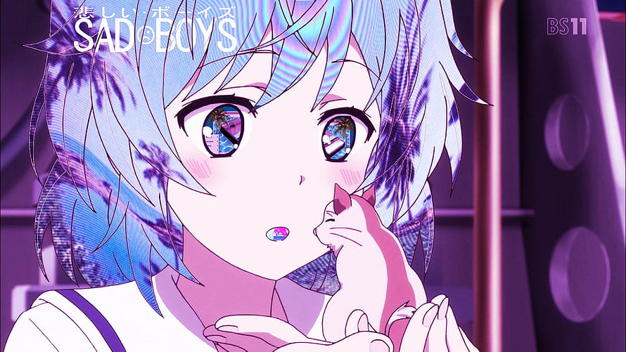 Sad Boys anime girl with blue hair holding a white cat in purple neon lighting HD wallpaper
