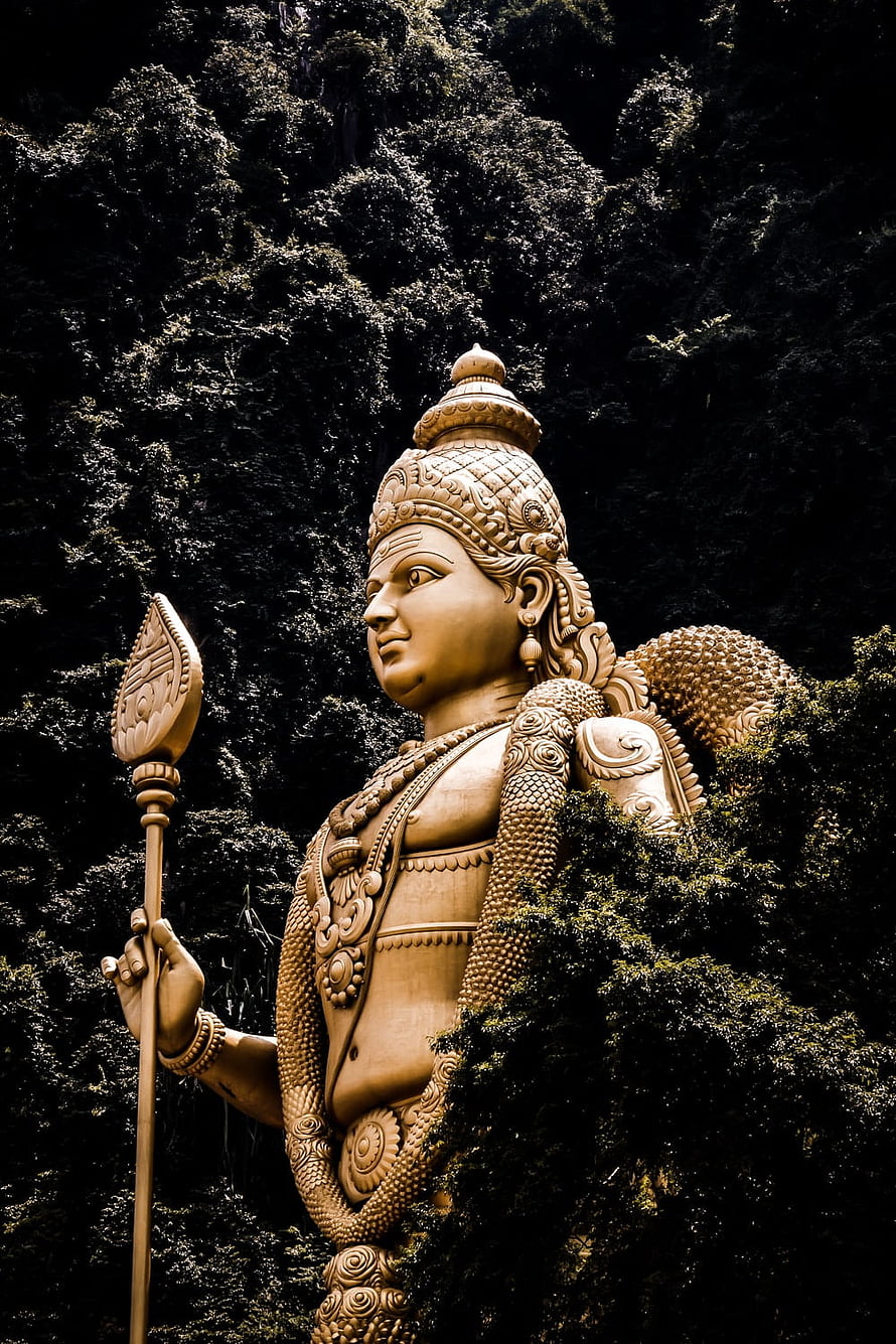 Golden Murugan Statue at Batu Caves Surrounded by Lush Greenery HD phone wallpaper
