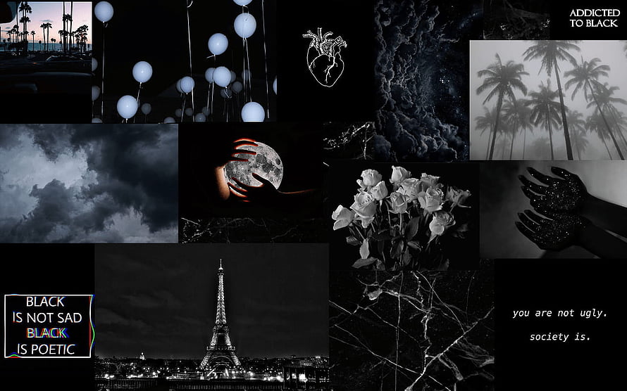 Dark Aesthetic Collage Featuring Eiffel Tower, Roses, and Poetic Quotes HD wallpaper