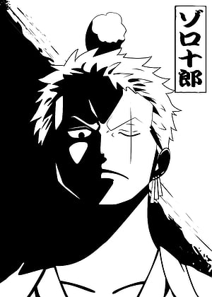 Roronoa Zoro Black and White Split Face Portrait with Japanese Text HD phone wallpaper