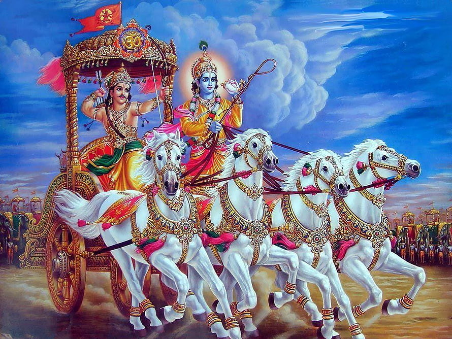 Krishna and Arjuna in the Chariot from the Mahabharata Epic HD wallpaper