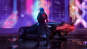 Cyberpunk Woman Standing Next to Futuristic Sports Car in Neon City, Cyberpunk 2077 for, pc gaming amoled HD wallpaper