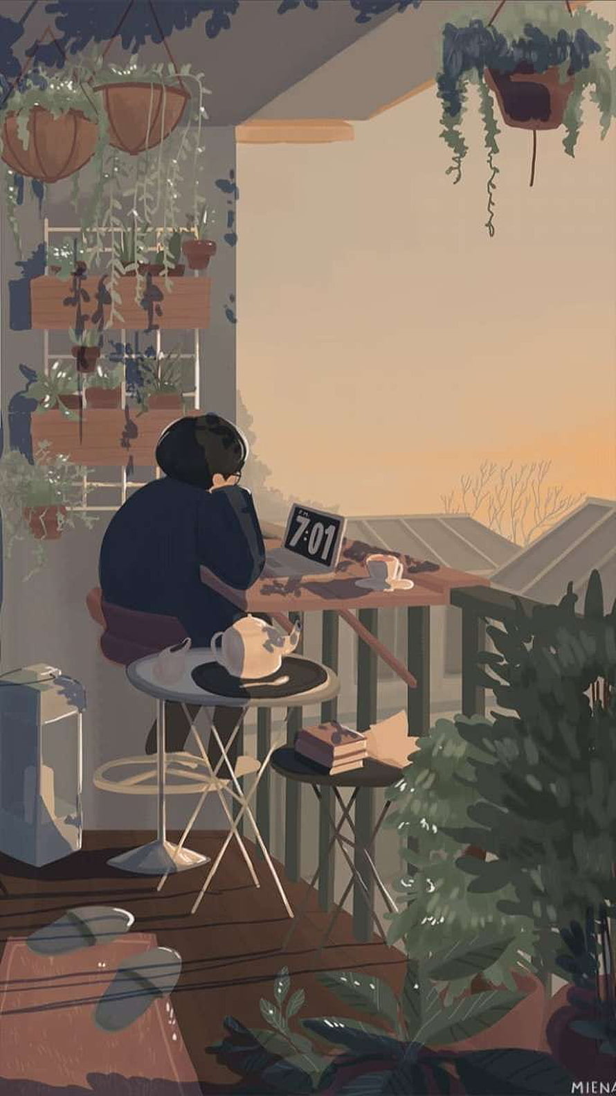 Cozy Balcony Illustration With Person Working On Laptop Amidst Hanging Plants HD phone wallpaper