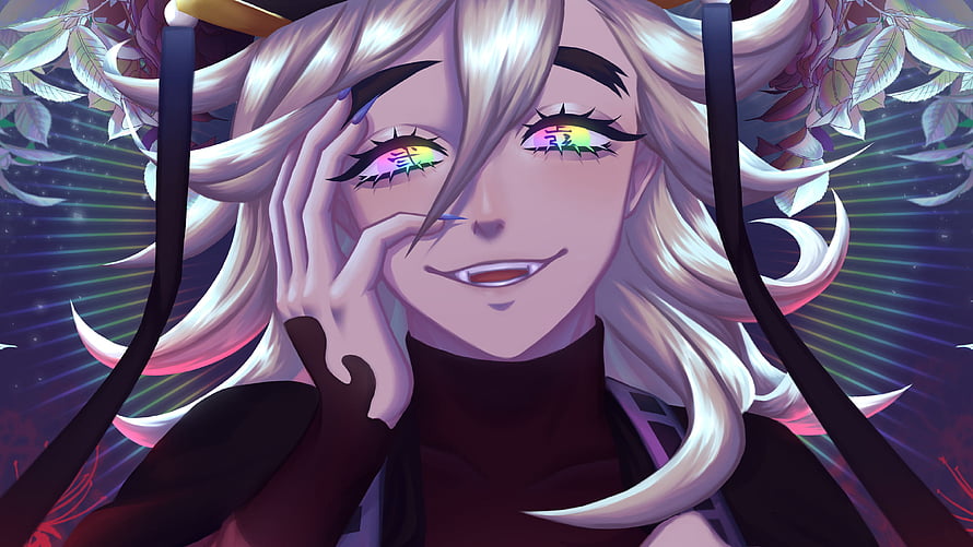 Doma from Demon Slayer with rainbow eyes and white hair in a close-up anime portrait HD wallpaper