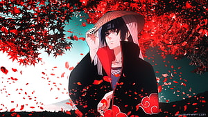 Itachi Uchiha in Akatsuki Cloak Under Vibrant Red Maple Leaves HD wallpaper