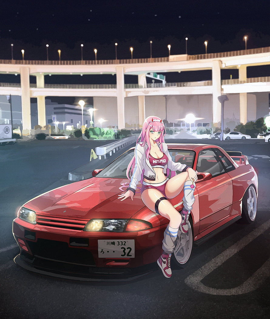 Anime Girl in Nismo Outfit Sitting on Red Nissan Silvia at Night HD phone wallpaper