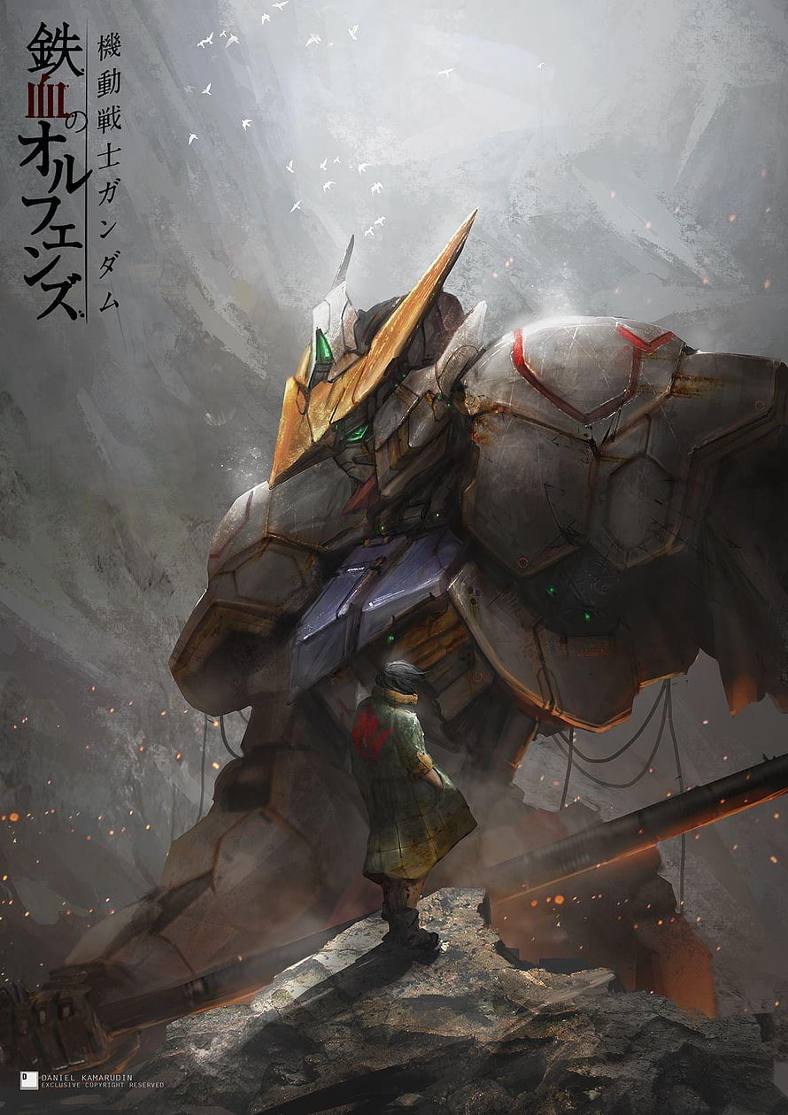 Gundam Barbatos Great Artwork Featuring Mecha and Pilot in Dramatic Landscape HD phone wallpaper
