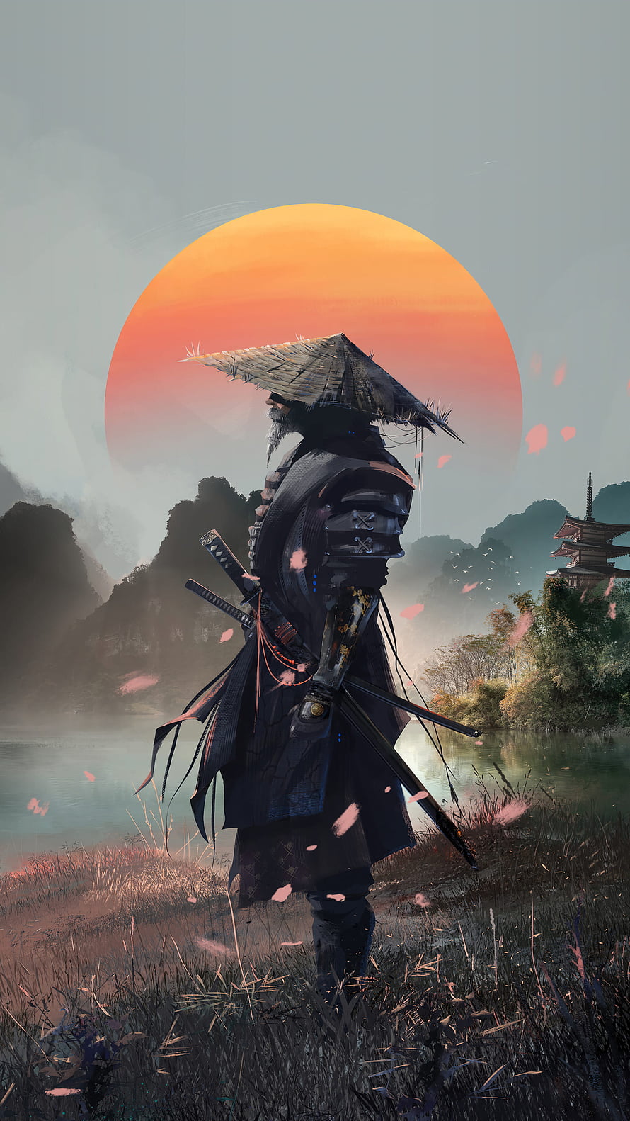 Samurai Warrior With Straw Hat And Katana Against Giant Sunset HD phone wallpaper
