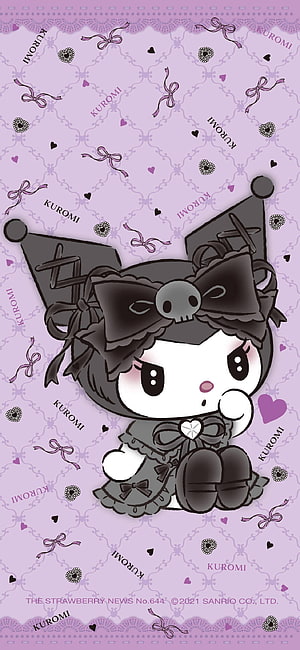 Cute Kuromi in Gothic Lolita Dress with Skull Bow on Purple Patterned Background HD phone wallpaper