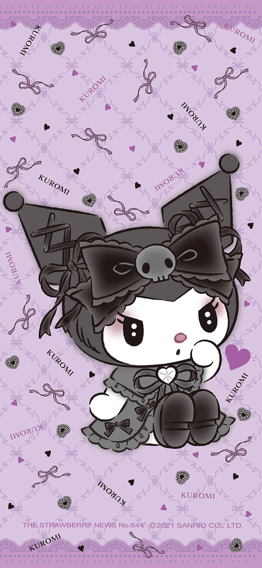 Cute Kuromi in Gothic Lolita Dress with Skull Bow on Purple Patterned Background HD phone wallpaper