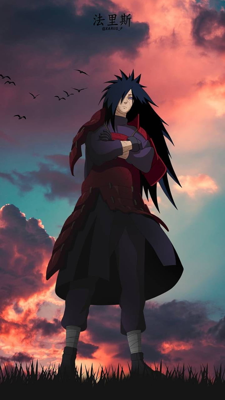 Madara Uchiha Anime Character Standing Against Dramatic Sunset Sky HD phone wallpaper