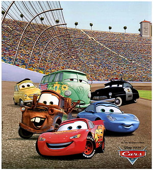 Disney Pixar Cars Movie Poster Featuring Lightning McQueen and Friends at the Racetrack HD phone wallpaper