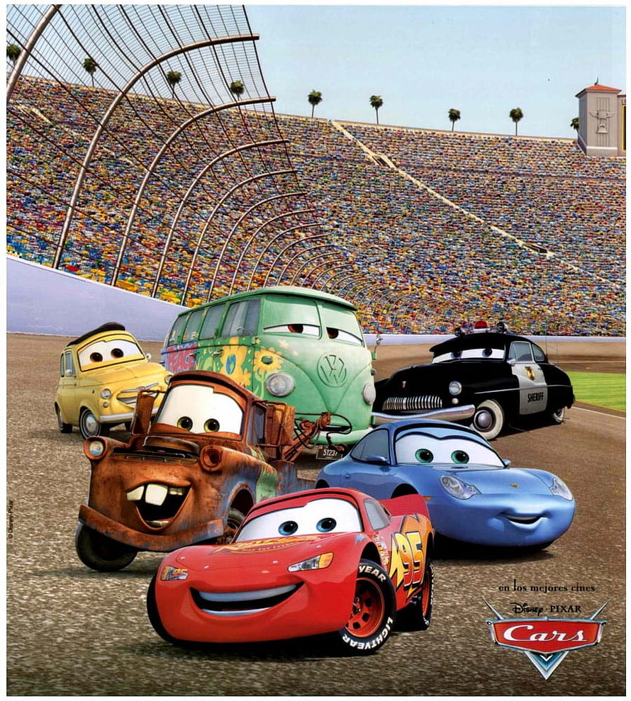 Disney Pixar Cars Movie Poster Featuring Lightning McQueen and Friends at the Racetrack HD phone wallpaper