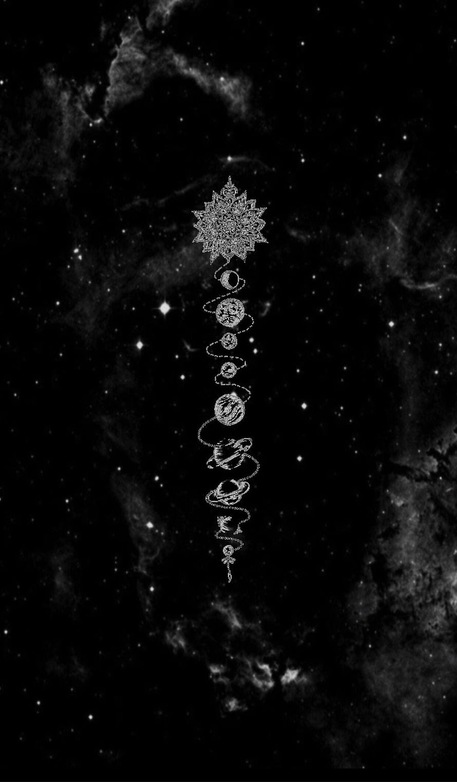 Black and White Celestial Mandala with Planetary Spiral on Starry Nebula Background, Dark Zodiac 1242×2123, #zodiac HD phone wallpaper