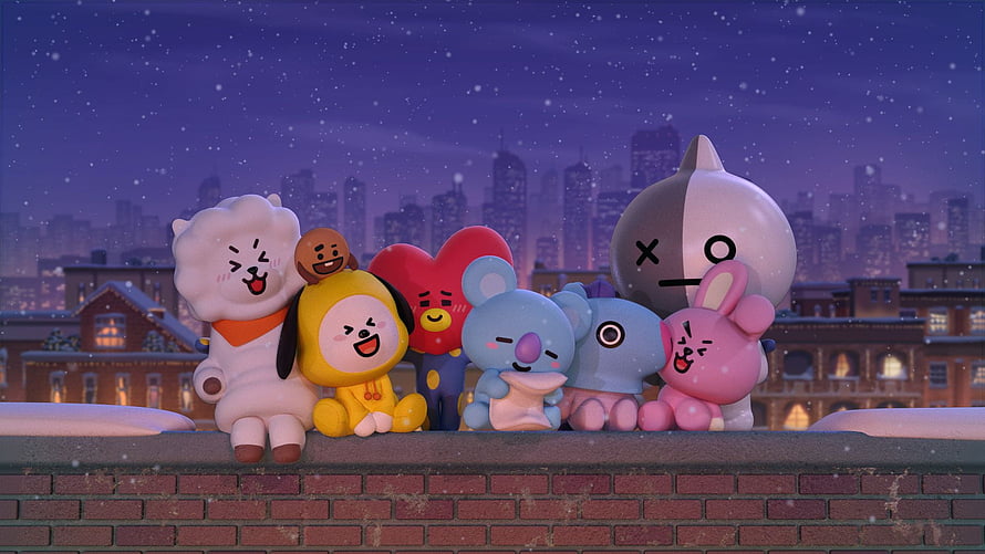 BT21 Characters Sitting on a Rooftop Wall in a Snowy Night Cityscape HD wallpaper